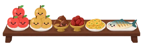 차례상 위에 사과·배·밤·대추·전·생선이 한 줄로 놓여 있어요.